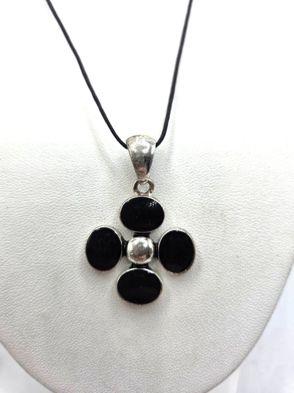 Black Oval Pendant Necklace With Silver Accents On Adjustable Black Cord
